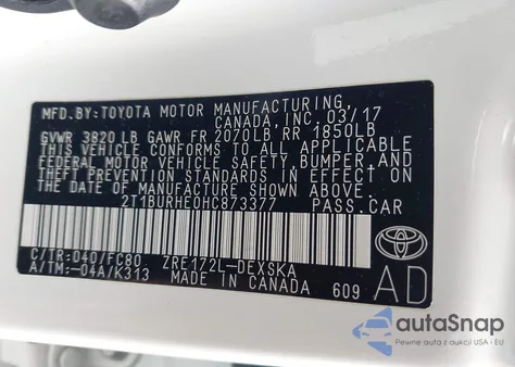 2017 Toyota Corolla Se из США, поврежденный, VIN 2T1BURHE0HC873377